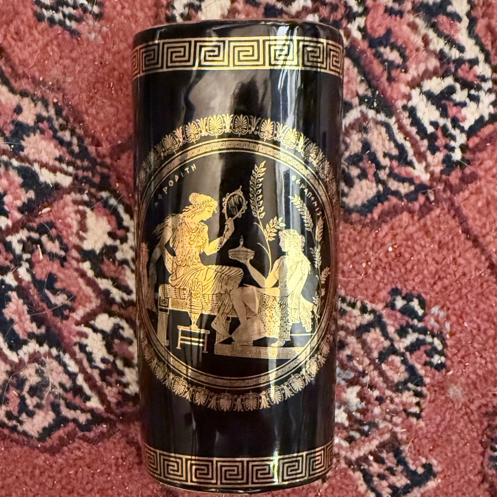 Greek Ceramic Vase Black Gold Good 24k Gold Parthenon Aphrodite